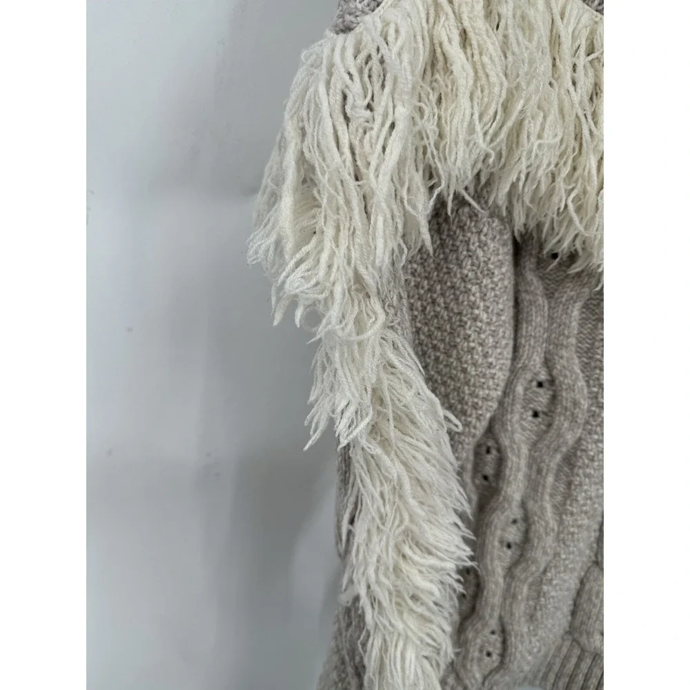 Amur Sweater Women Large Gray Cable Knit Western Fringe Fisherman‎ Sweater Wool